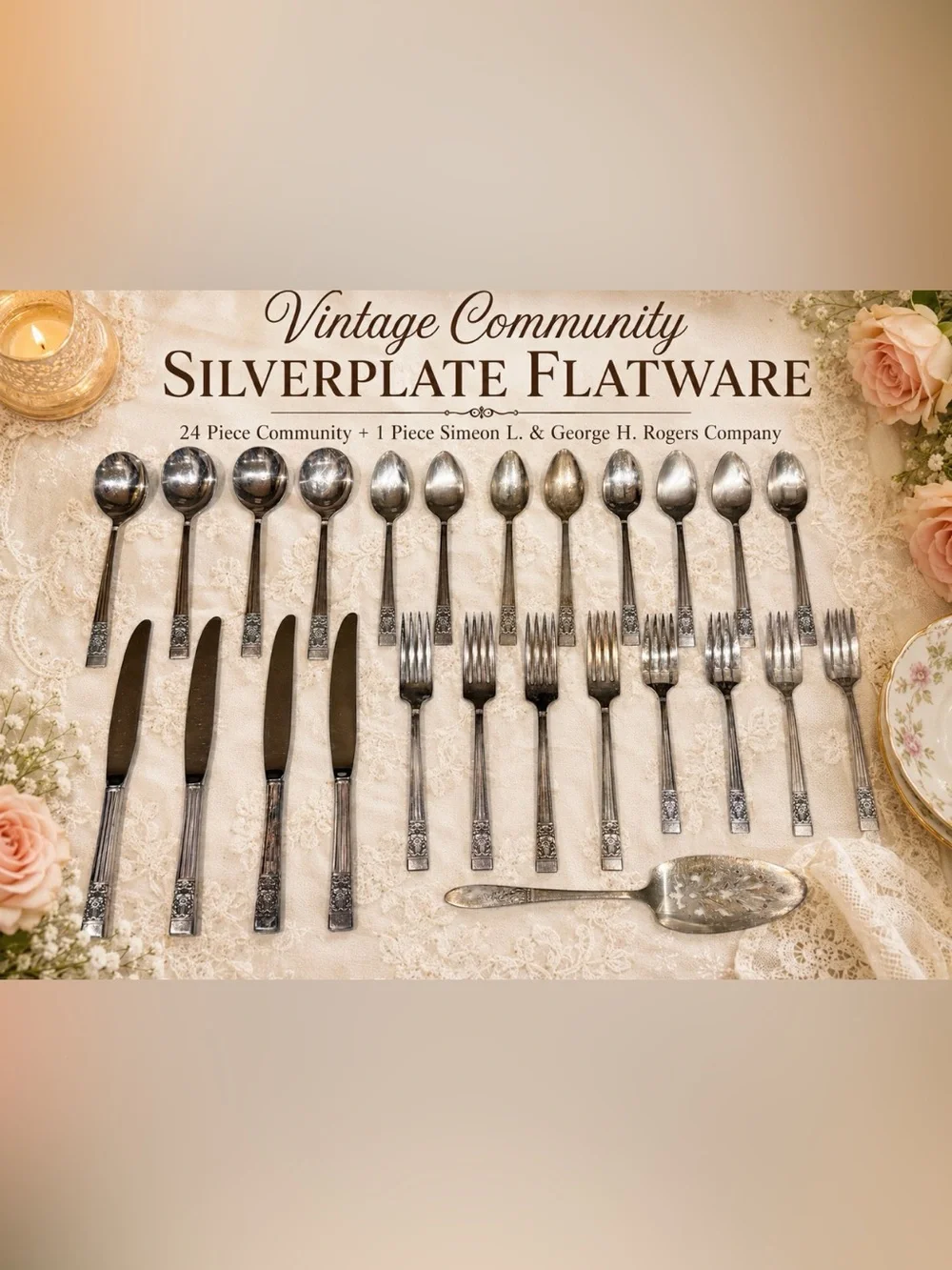 Vintage Community Silverplate Flatware 24 Pc Set + 1 Simeon L & George H Rogers.